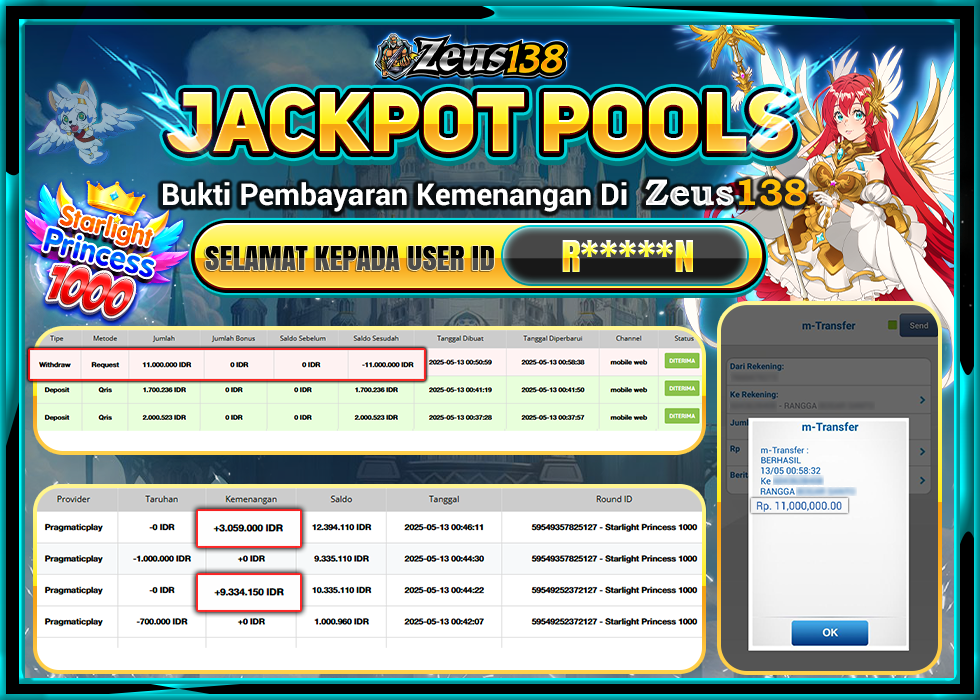 ZEUS138 STARLIGHT PRINCESS 1000 Rp.11.000.000,- LUNAS